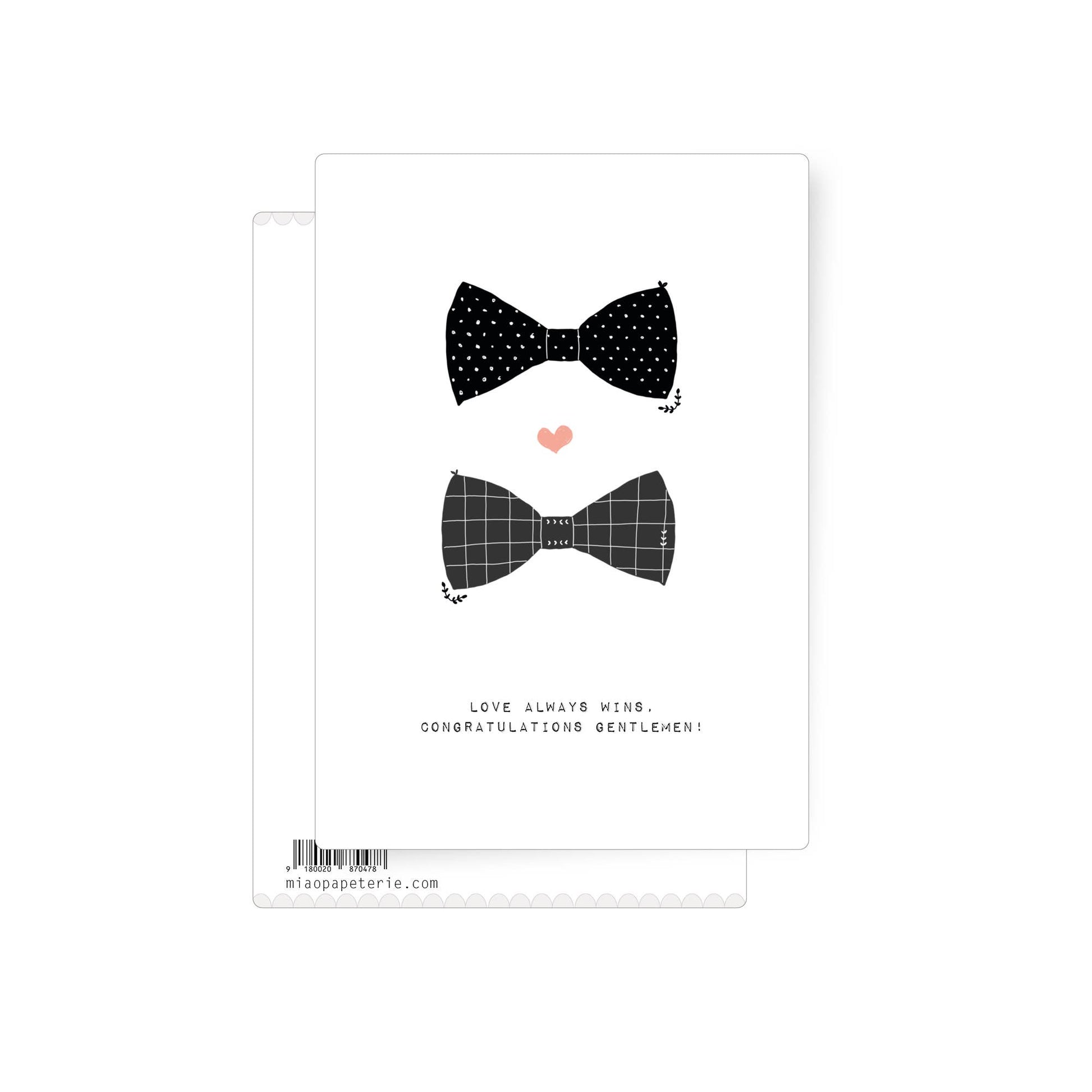 Minimalist design featuring two bow ties and a small heart, celebrating a joyful same sex wedding union.