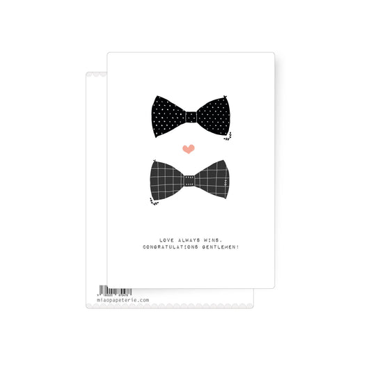 Minimalist design featuring two bow ties and a small heart, celebrating a joyful same sex wedding union.