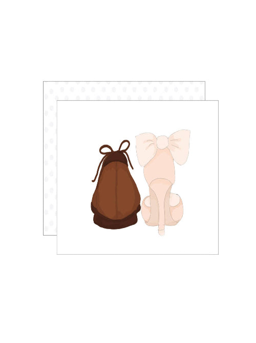 Minimal illustration of a pair of wedding shoes viewed from behind, one with a bow and one tied with laces, sweet romantic greetings card celebrating marriage.