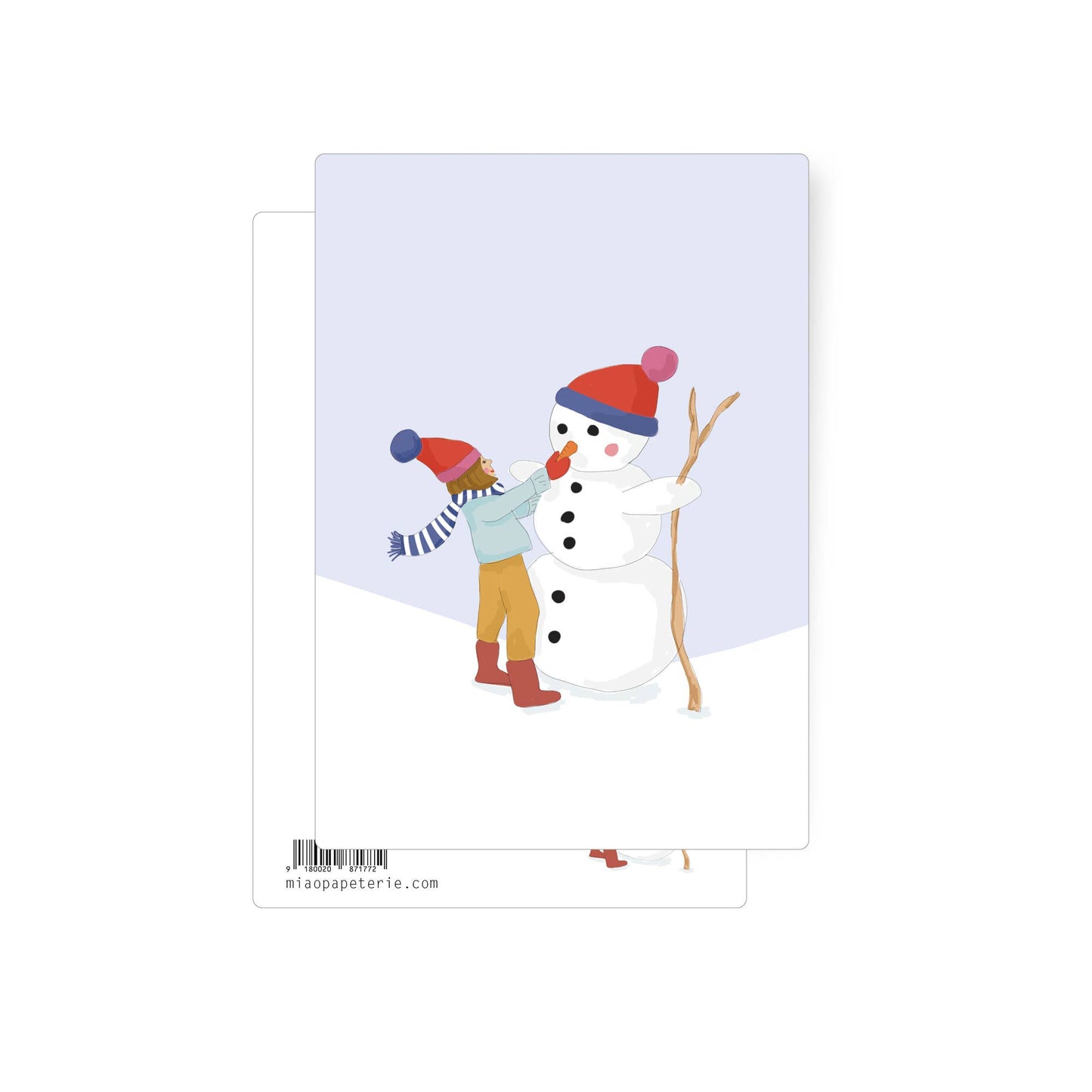 This Christmas postcard shows a Snowman scene with a child engaged in squishing in the carrot nose. It's a bright and beautiful illustration. 