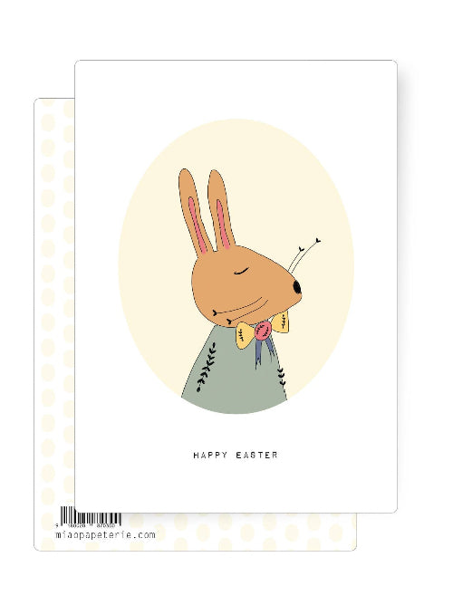 Card with a cartoon rabbit and 'Happy Easter' text on a white background