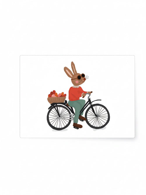 Playful illustration of a bunny wearing sunglasses riding a bicycle with a basket full of colourful Easter eggs, cheerful Easter postcard with a whimsical style.