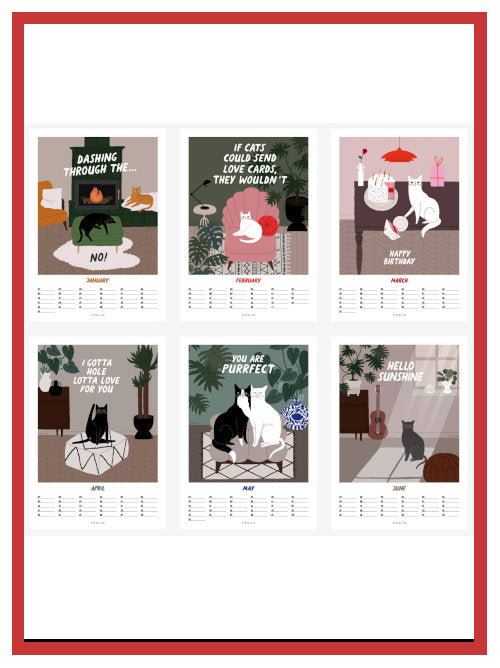 Six calendar pages laid out in a grid showing illustrated cat scenes for the months January to June