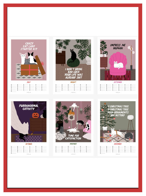 Six calendar pages laid out in a grid showing illustrated cat scenes for the months July to December