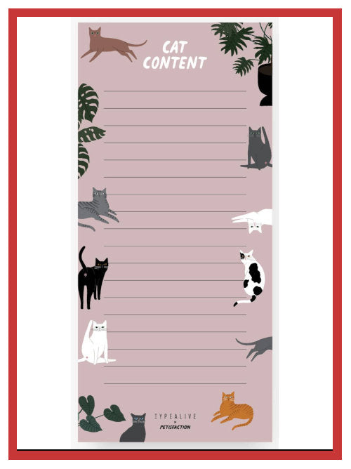 Lined notepad page with illustrated cats around the border and the printed text CAT CONTENT