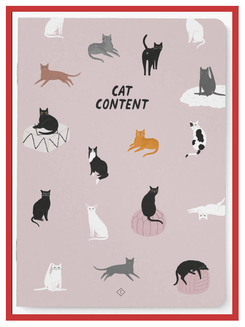 Pink notebook cover with illustrated cats and the printed text CAT CONTENT
