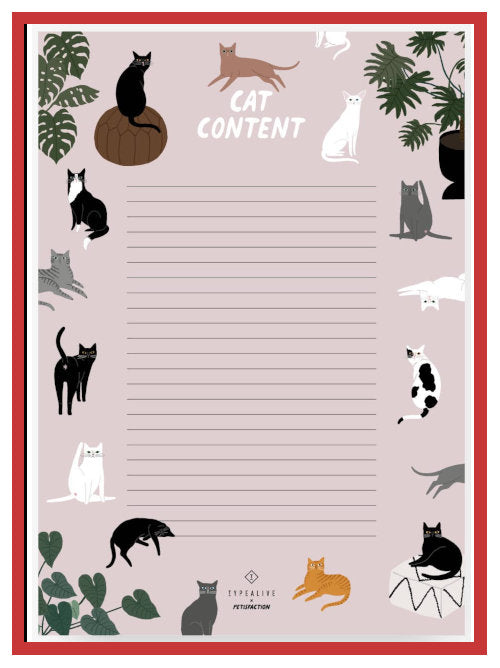 Lined writing pad page with illustrated cats around the border and the printed text CAT CONTENT at the top