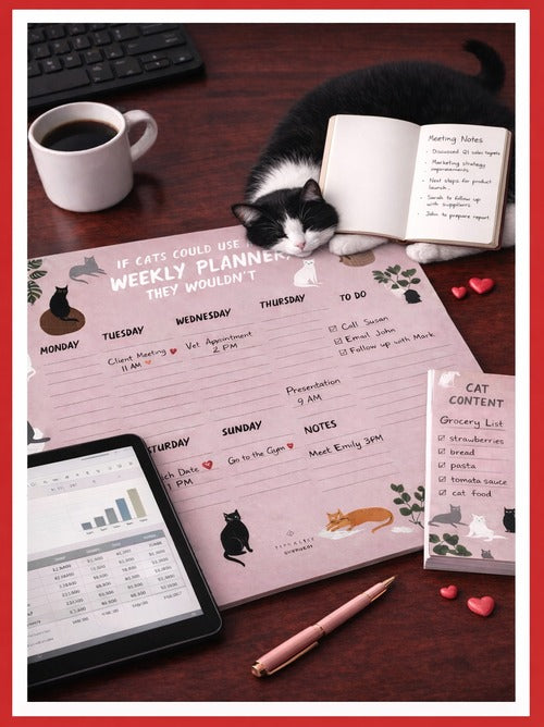 Cat illustrated stationery set including a weekly planner, notebook, and notepad arranged on a desk with a sleeping cat.