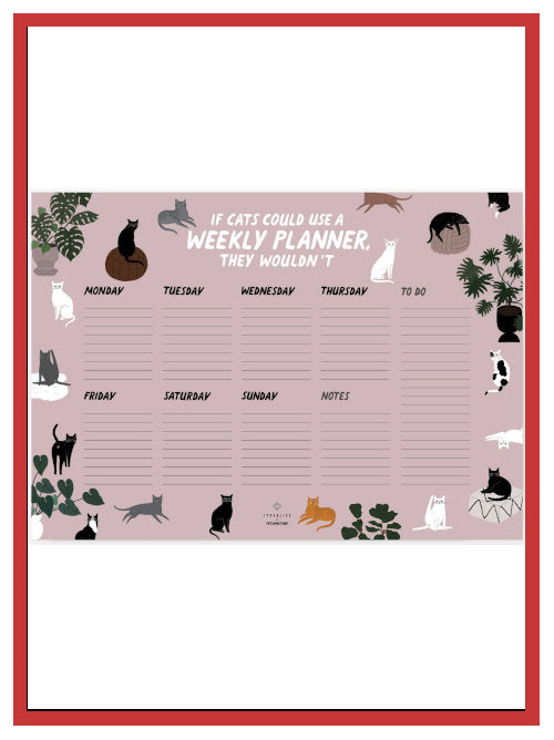 Weekly desk planner page with illustrated cats, weekday sections, and a notes area