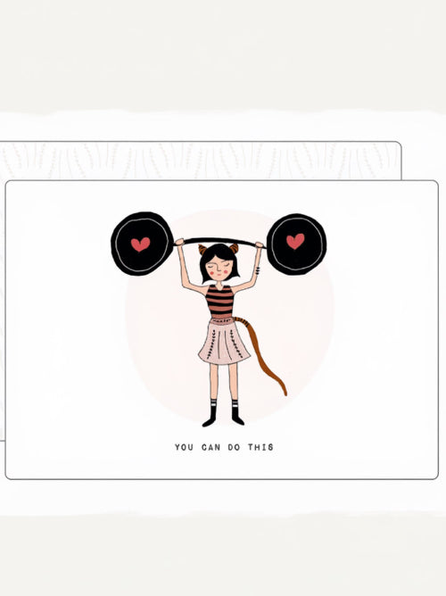 Illustration of a cat character lifting a barbell with heart shapes, combining strength with playful charm.