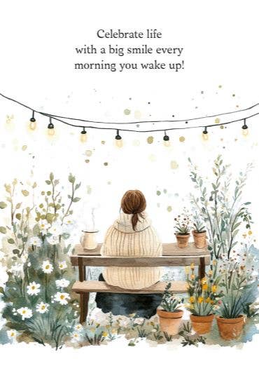 Woman sitting at a table surrounded by plants and flowers with the quote above saying "Celebrate life with a big smile every morning you wake up!"