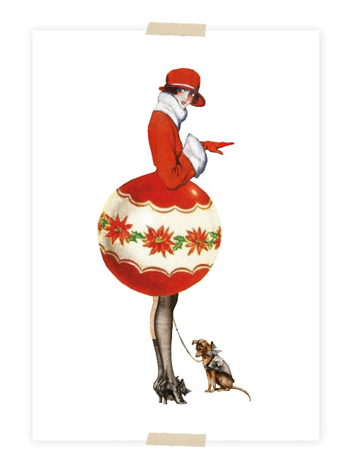 Christmas illustration of a woman in a red outfit that is actually a tree decoration. A small dog is at her feet. Designer Christmas postcard. 