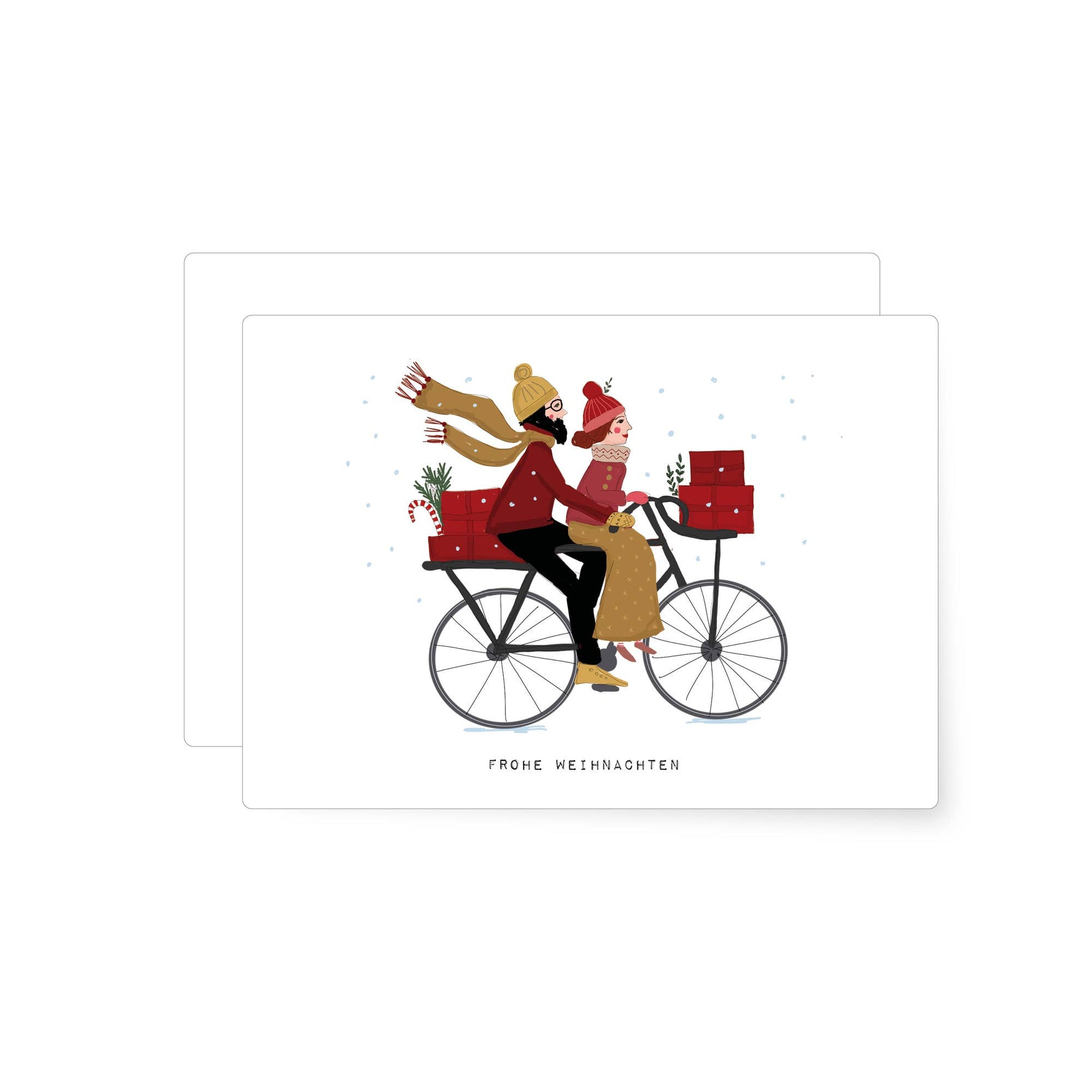 A beautifully illustrated christmas card featuring a couple riding a bike in the snow carrying christmas gifts and the German words "frohe weihnachten"