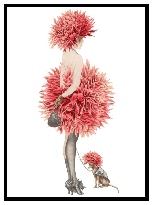 A woman standing tall with one stocking up and the other down, dressed up like a pink chrysanthemum. Her dog's outfit mirrors hers. 