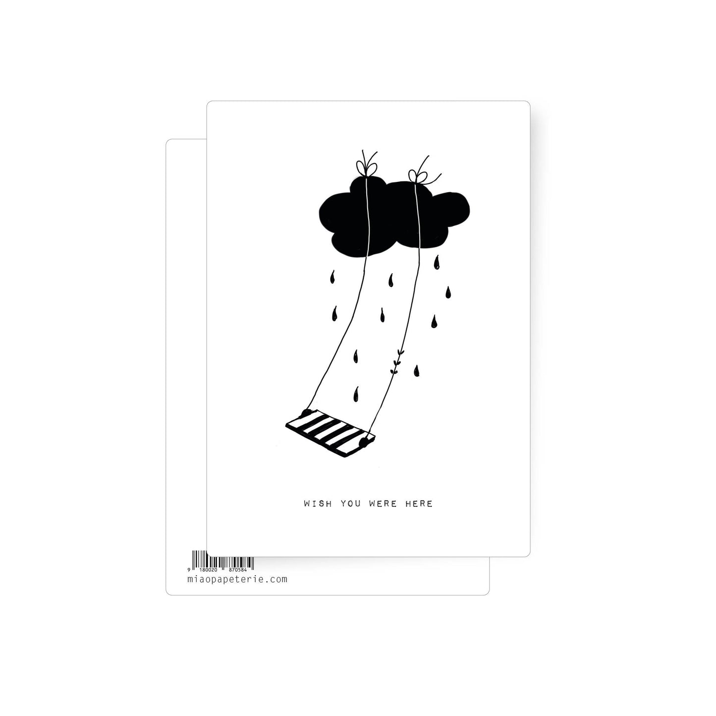 Minimal black and white illustration of a swing hanging from a rain cloud with falling raindrops and the words wish you were here.