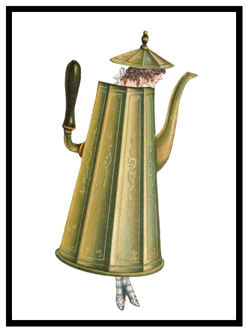Designer postcard illustration of a lady inside of a coffee pot. Only her head and feet are visible. 