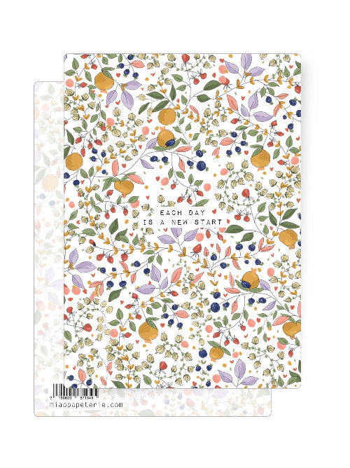 Detailed floral pattern with leaves, fruit, and soft colours surrounding a gentle motivational message about new beginnings.