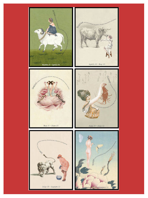 Grid image showing six zodiac designer postcards including Aries, Taurus, Gemini, Cancer, Leo and Virgo