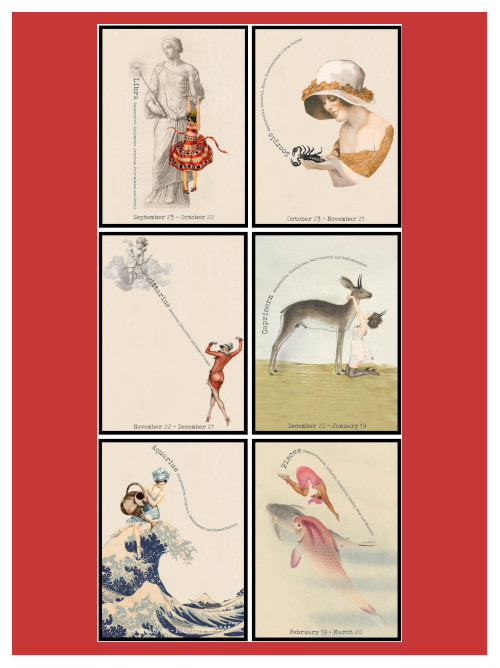 Grid image showing six zodiac designer postcards including Libra, Scorpio, Sagittarius, Capricorn, Aquarius and Pisces