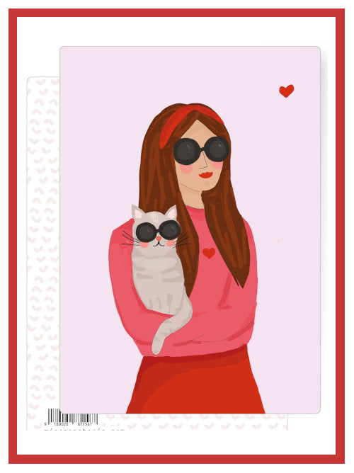 Postcard featuring illustrated woman in red outfit holding a grey cat, both wearing black sunglasses on a lilac background