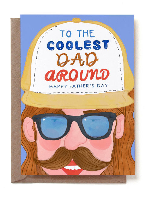 Father's Day card with a man wearing a cap and sunglasses, text 'To the Coolest Dad Around, Happy Father's Day'.
