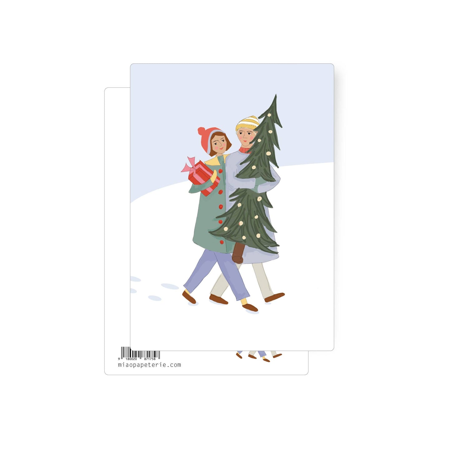This Christmas scene shows a couple carrying a Christmas tree and presents, leaving snowy footprints behind on the postcard as they walk arm in arm. 