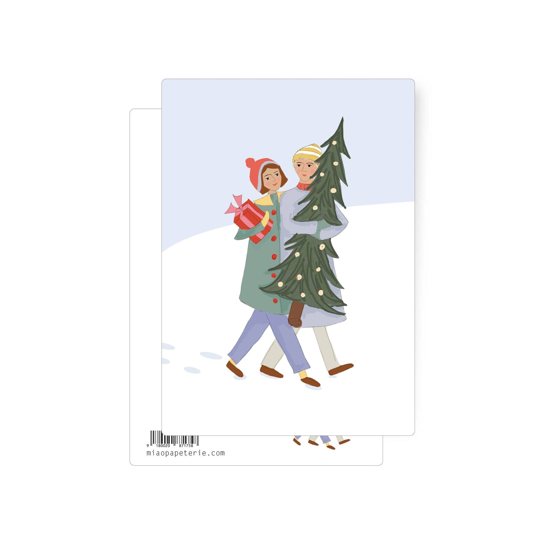 This Christmas scene shows a couple carrying a Christmas tree and presents, leaving snowy footprints behind on the postcard as they walk arm in arm. 