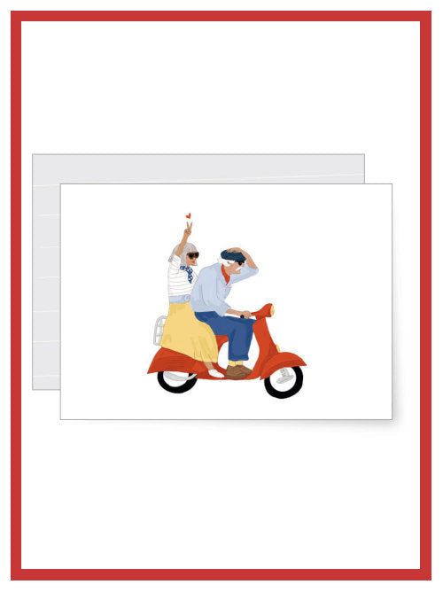 Couple on a love moped Valentine’s greetings card with illustrated riders, A6 greetings card with envelope