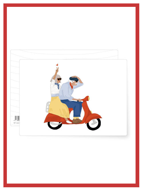 Postcard ilustration of a stylish couple riding a red scooter together, capturing a carefree and romantic travel moment.