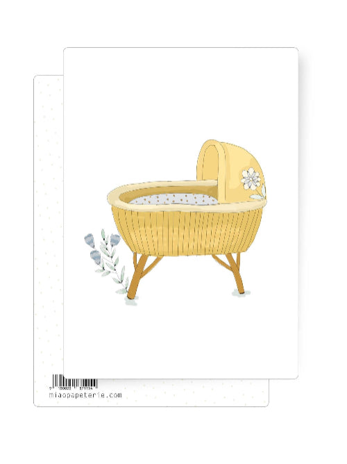 A vintage cradle illustration for the birth of a new baby, Image on a postcard with a white background