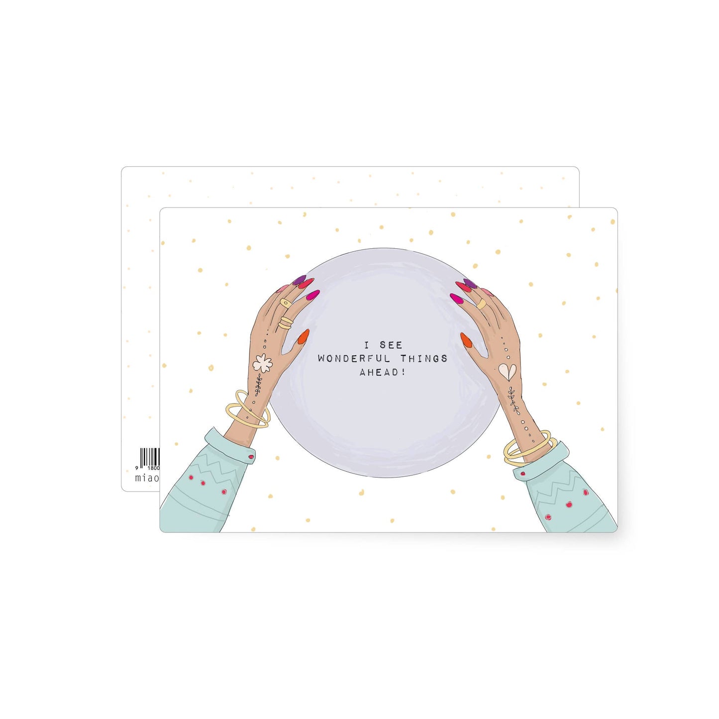 Illustration of hands with jewellery and painted nails holding a crystal ball with an uplifting message about the future.