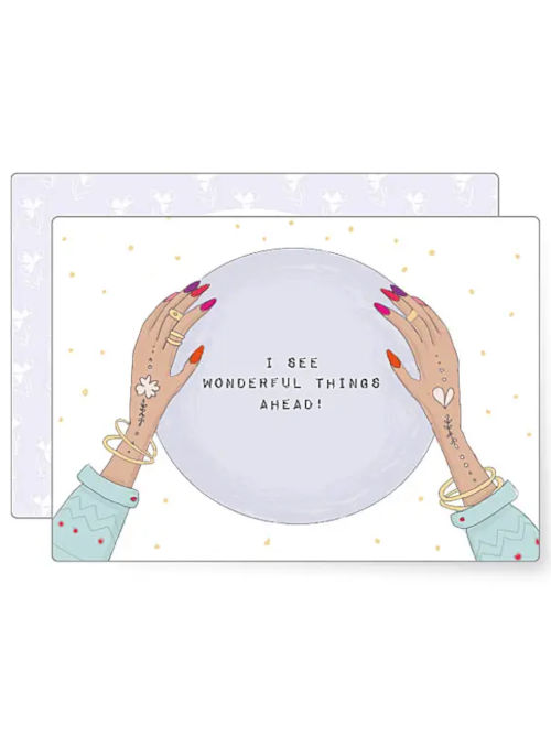 Illustration of hands with jewellery and painted nails holding a crystal ball with an uplifting message about the future.