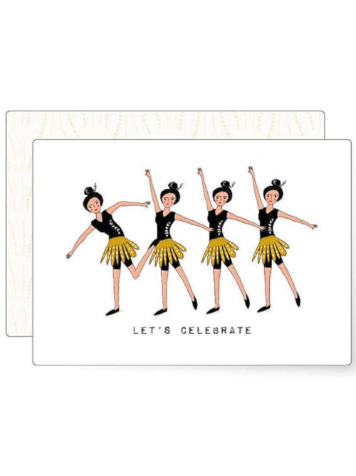 Playful illustration of dancing women in black tops and yellow skirts celebrating together, whimsical party themed mini card.