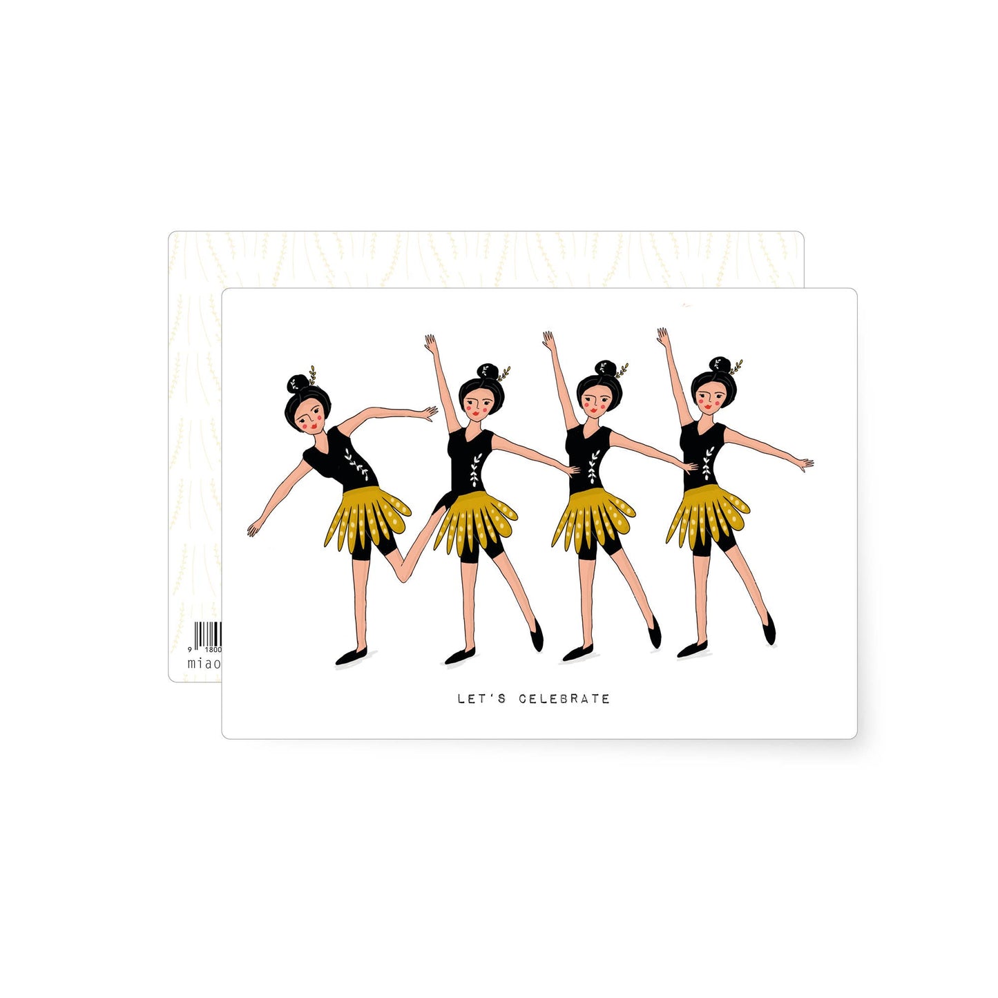 Playful illustration of dancing women in black tops and yellow skirts celebrating together, whimsical party themed postcard.
