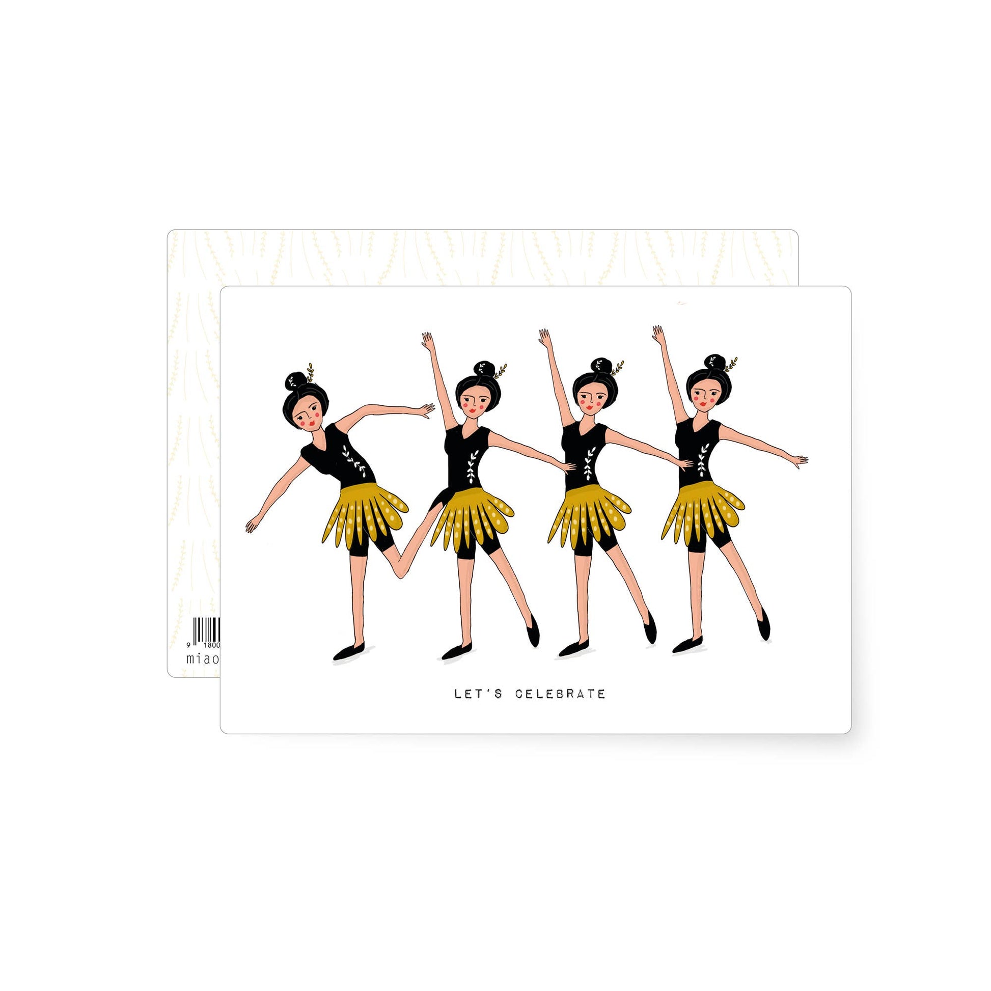 Playful illustration of dancing women in black tops and yellow skirts celebrating together, whimsical party themed postcard.