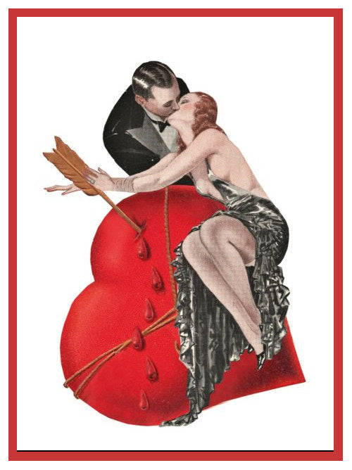 Illustrated postcard showing a couple embracing while seated on a large red heart pierced with arrows
