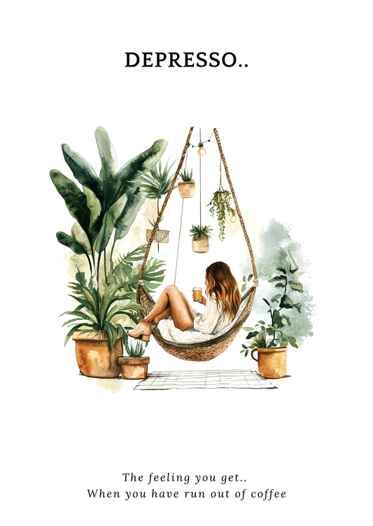 Illustration of a woman in a hammock surrounded by plants with text 'DEPRESSO. The feeling you get when you have run out of coffee".