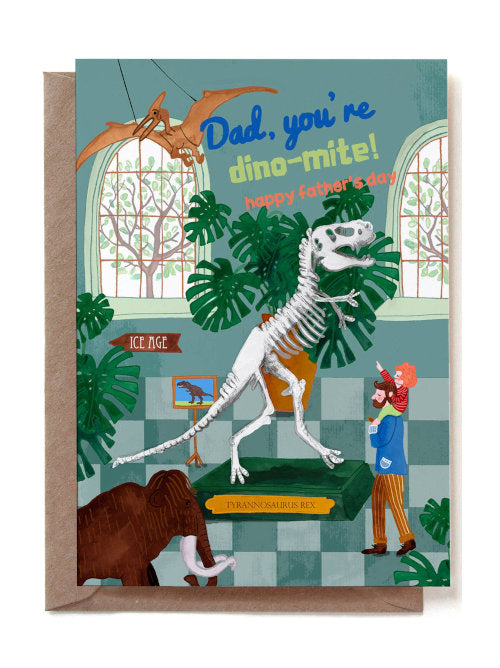 Father's Day card with dinosaur illustration and text 'Dad, you're dino-mite! Happy Father's Day'.