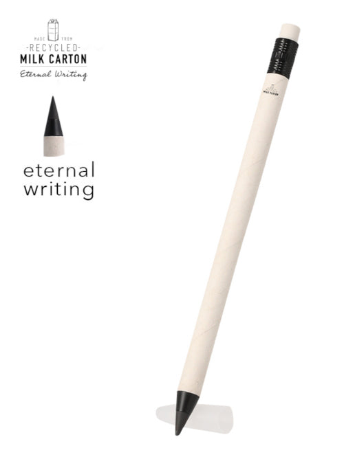 Ethernal pencil made from recycled milk carton cardboard with rubber topper, minimal white sustainable pencil.