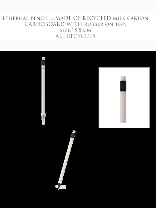 Ethernal recycled milk carton cardboard pencil shown in product layout with close-up of rubber topper and writing tip.