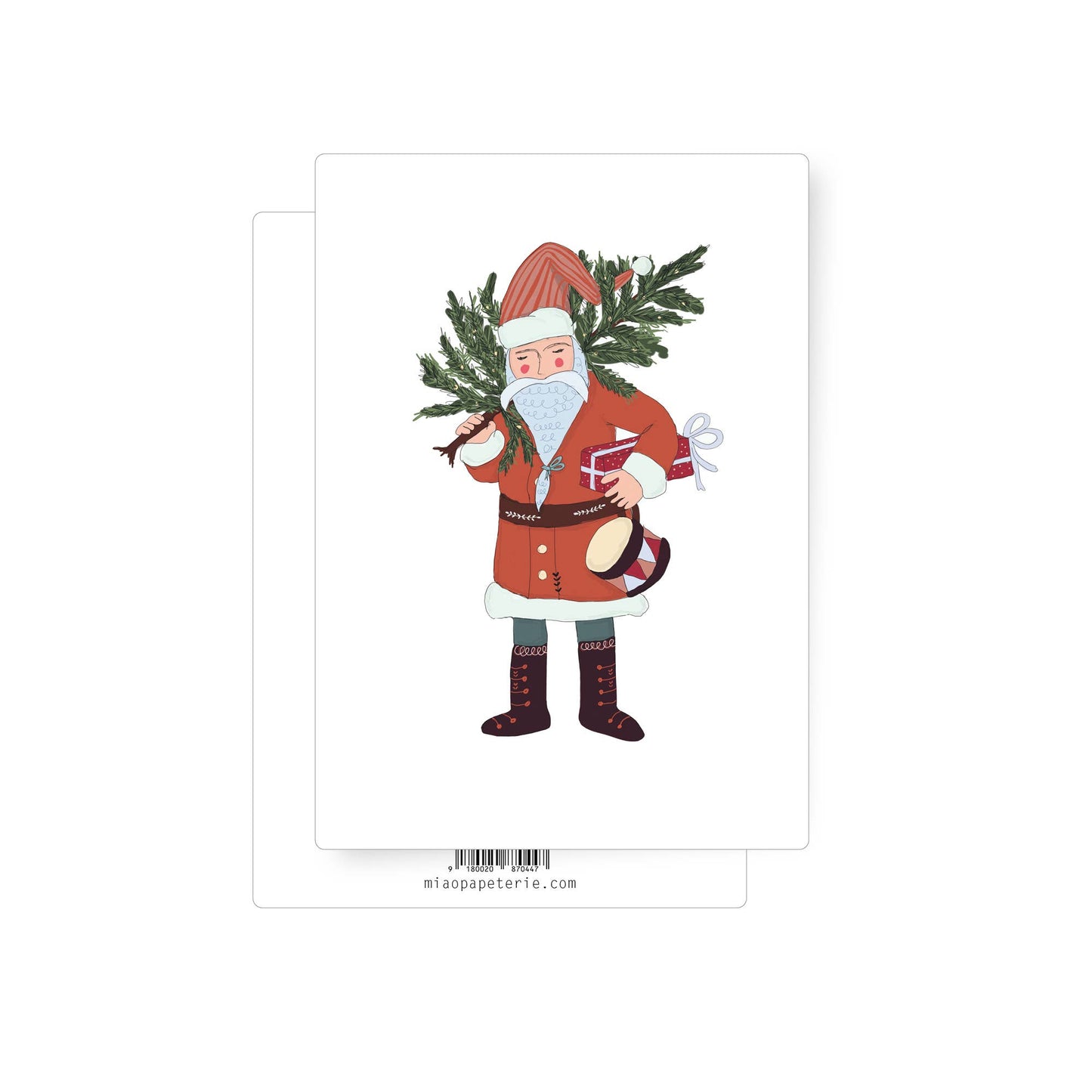 Beautiful Illustration of a Santa Claus holding a Christmas tree on a white background. Perfect artisan Santy postcards.