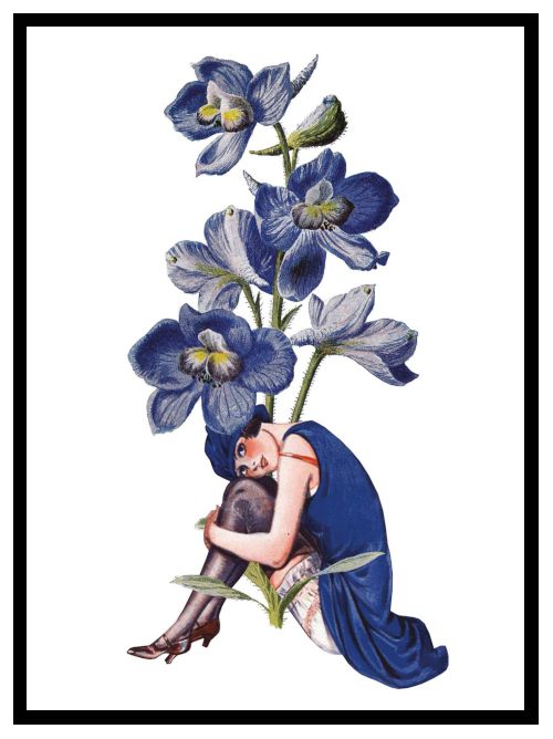 A woman in retro blue clothes in sitting underneath a stem of blue irises