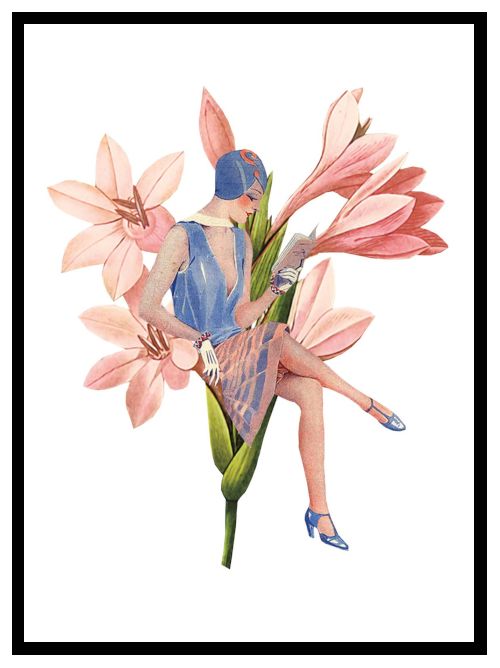 Designer postcard illustration of a 1920s styled lady dressed in blue sitting inside a flower and reading a book. 