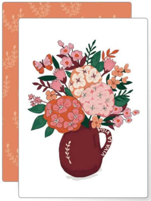 Illustration of a colourful bouquet of flowers arranged in a decorative jug with butterfly detail, cheerful floral greeting card.