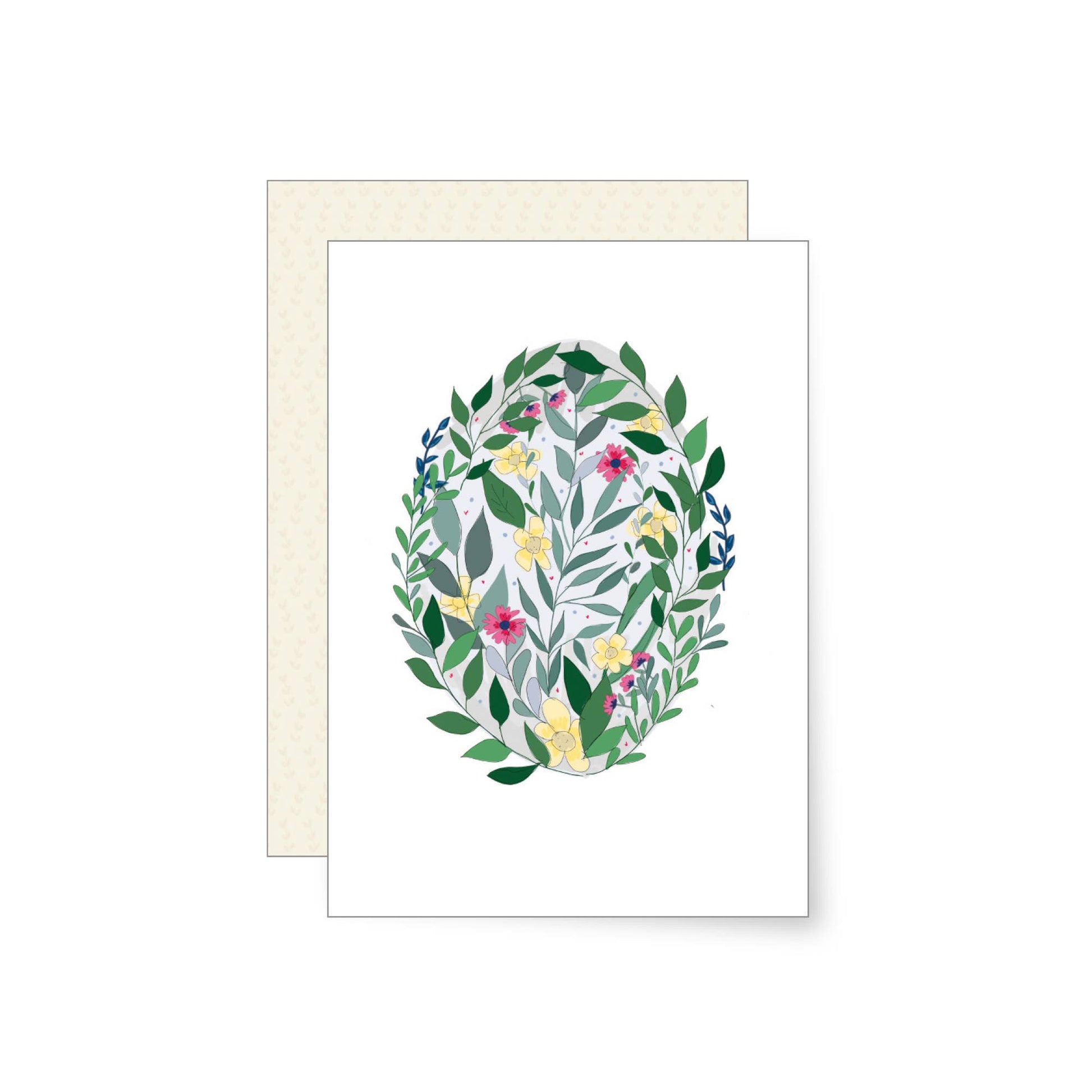 Illustration of an Easter egg filled with delicate spring leaves and small flowers, botanical Easter greetings card with soft natural colours.