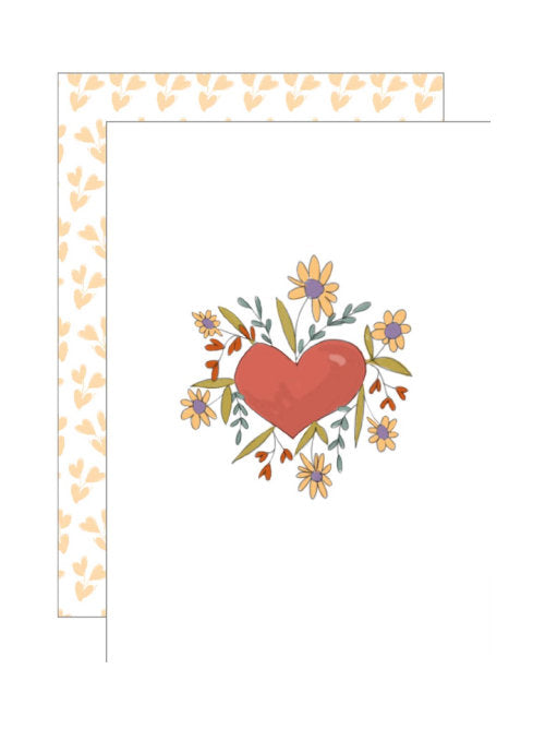Simple illustration of a red heart surrounded by small flowers and leaves, cheerful all occasion greetings card suitable for many celebrations.