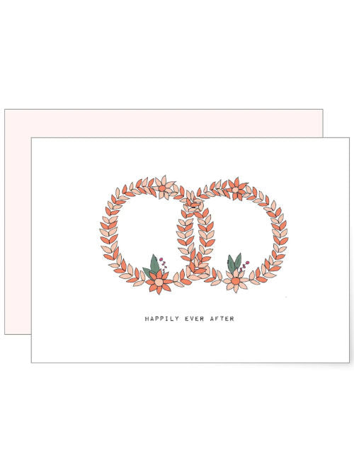 Delicate floral wreaths forming interlocking rings with soft botanical details and a happily ever after message.