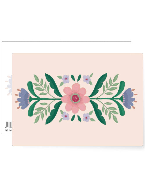 Decorative folk style floral illustration with symmetrical leaves and flowers, elegant illustrated postcard suitable for many occasions.