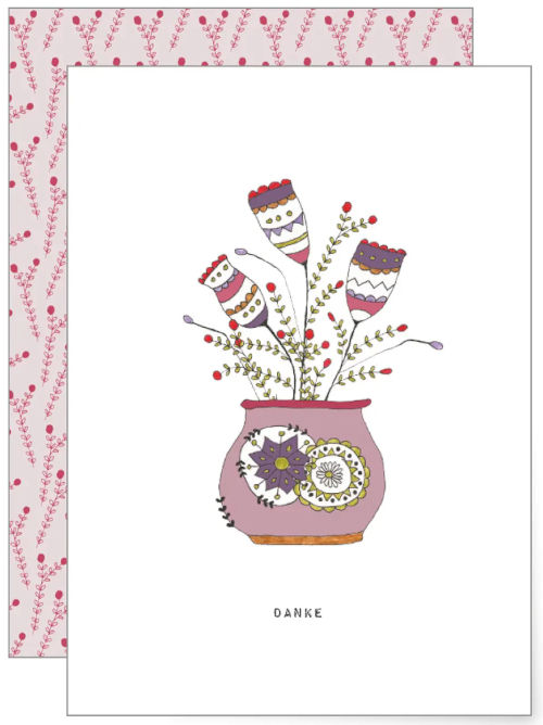 Decorative folk style illustration of patterned flowers arranged in a vase, charming illustrated thank you greeting card.