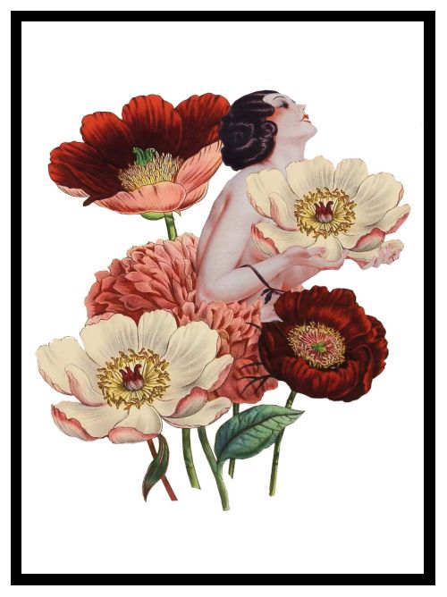 A designer illustrated postcard depicting the torso of a lady in amongst various kinds of flowers. She looks blissful. 